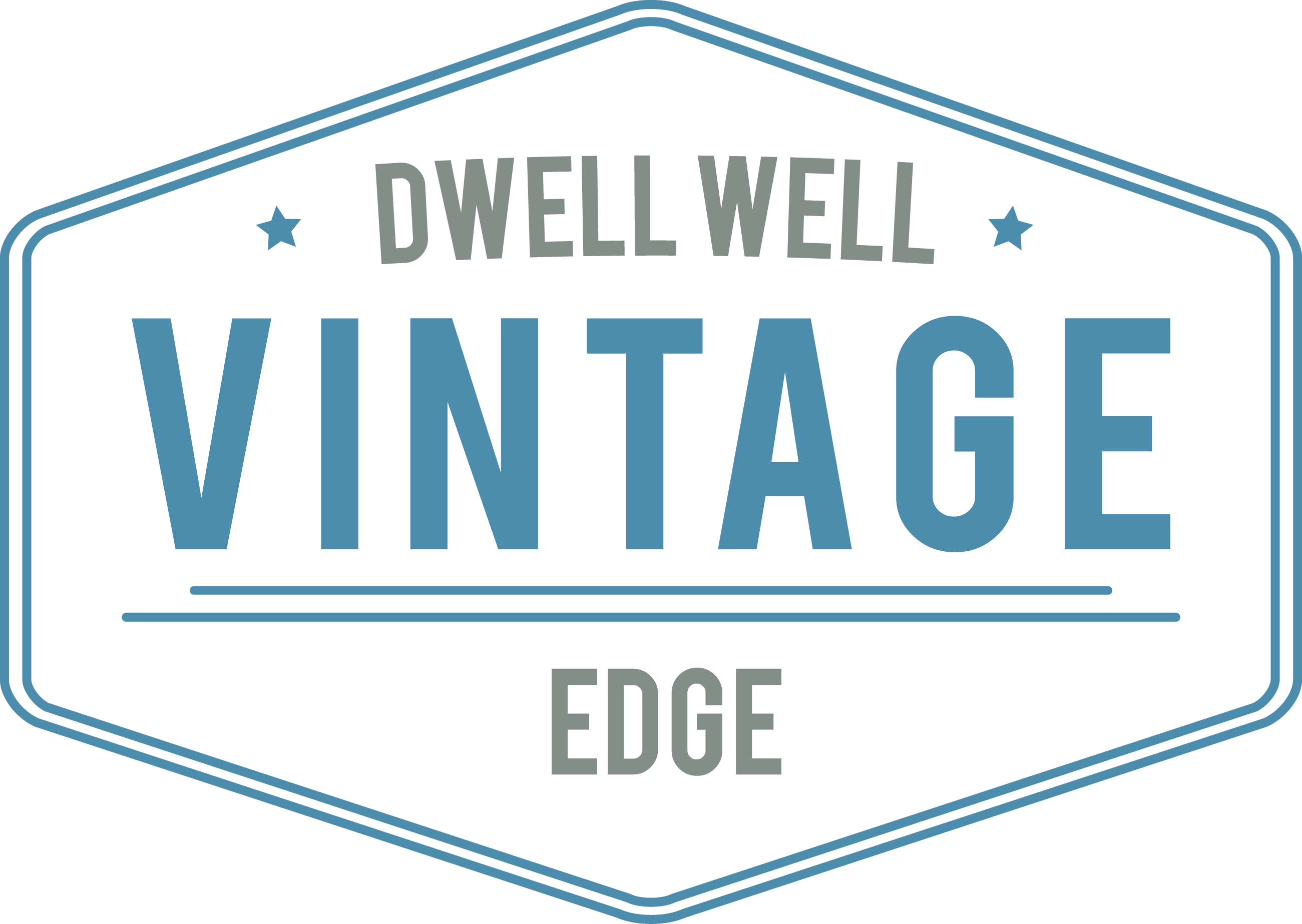 A blue and white logo that says Dwell Well Vintage Edge.